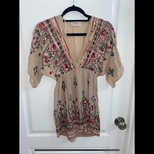 Embroidered Half Sleeve Dress | Tan | Short